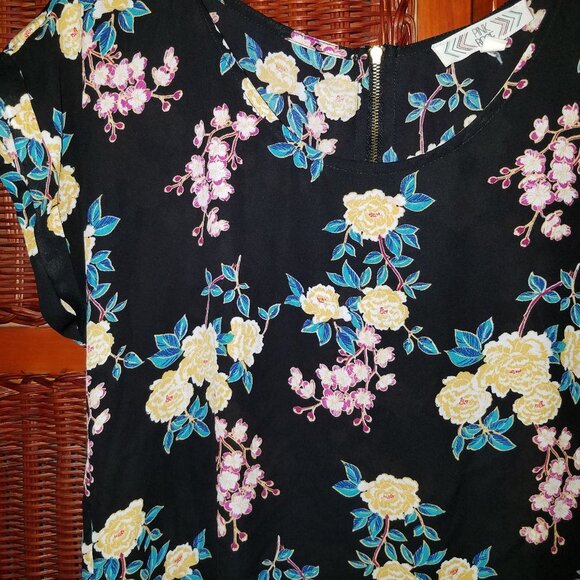 Pink Rose Beautiful Black Yellow Floral Sheer Cap Sleeve Blouse Medium - Picture 4 of 11